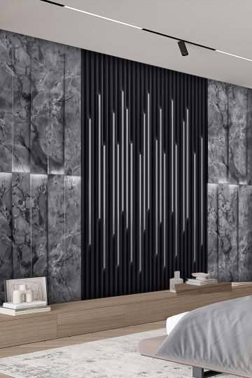 Işık Efektli Çizgili Panel ve Mermer Görünümlü Taş Desenli Tekstil Duvar Kağıdı