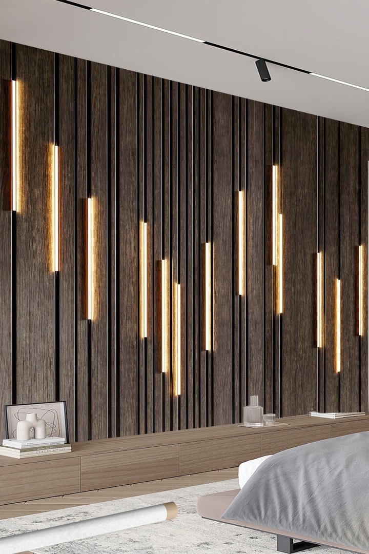 Işıklı Çizgili Ahşap Panel Desenli Tek Parça Tekstil Duvar Kağıdı