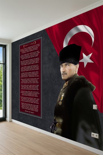  İstiklal Marşı ve Atatürk Portreli Bayrak Detaylı Tekstil Duvar Kağıdı