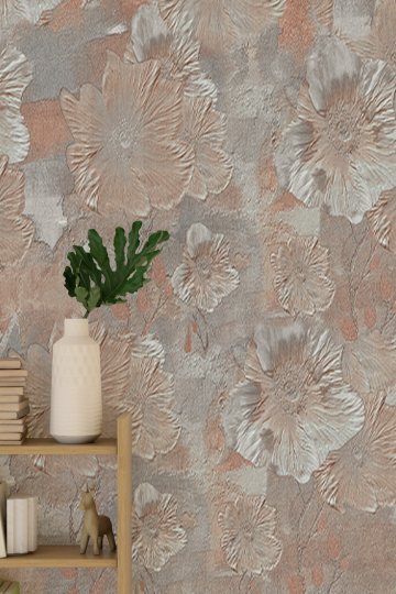 Kabartma Çiçek Motifli, Eskitme Desenli Tek Parça Tekstil Duvar Kağıdı