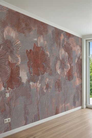 Kabartma İri Çiçek Motifli, Eskitme Desenli Tek Parça Tekstil Duvar Kağıdı