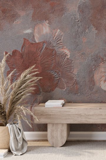Kabartma İri Çiçek Motifli, Eskitme Desenli Tek Parça Tekstil Duvar Kağıdı küçük görsel 2