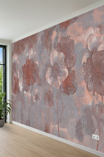 Kabartma İri Çiçek Motifli, Eskitme Desenli Tek Parça Tekstil Duvar Kağıdı küçük görsel 3