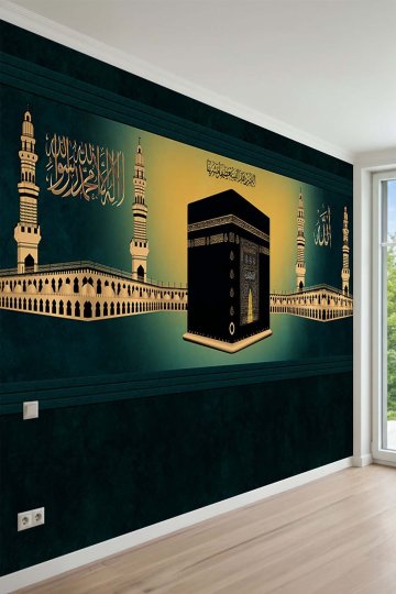Kabe-i Muazzama Yeşil Zeminli Kadife Efektli Tek Parça Tekstil Duvar Kağıdı
