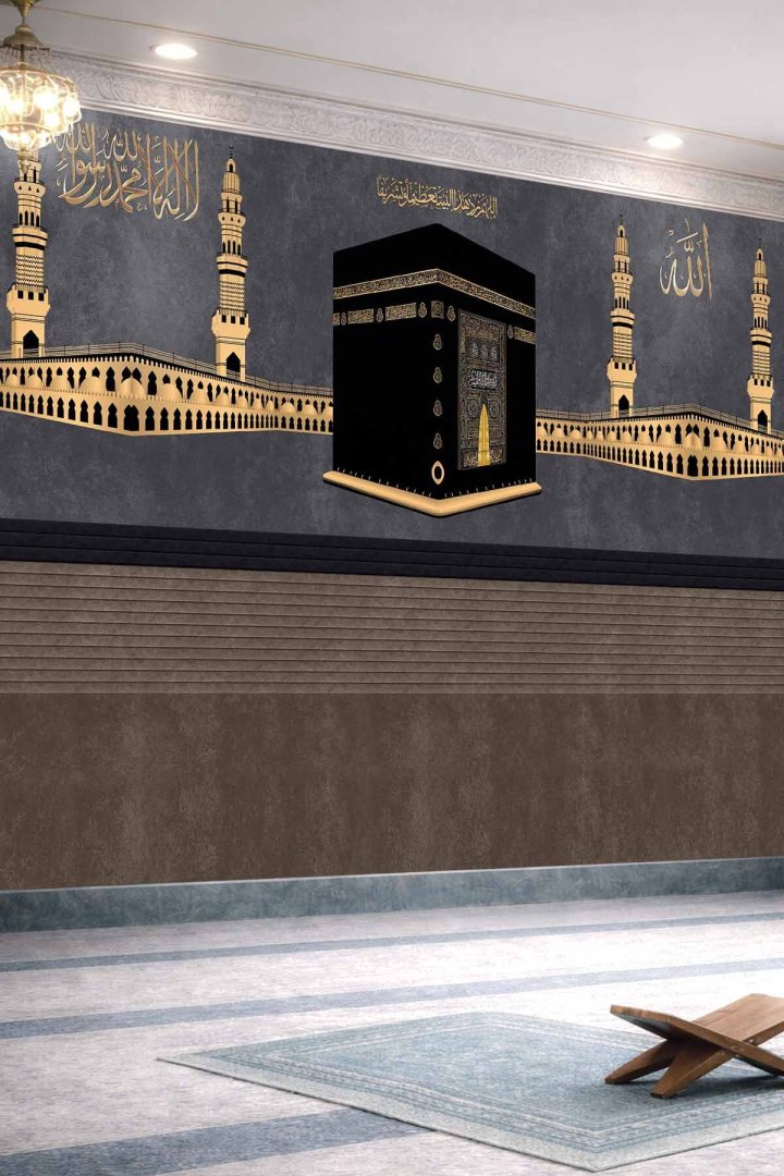 Kabe ve Mescid-i Haram Motifli Kadife Efektli Tek Parça Tekstil Duvar Kağıdı