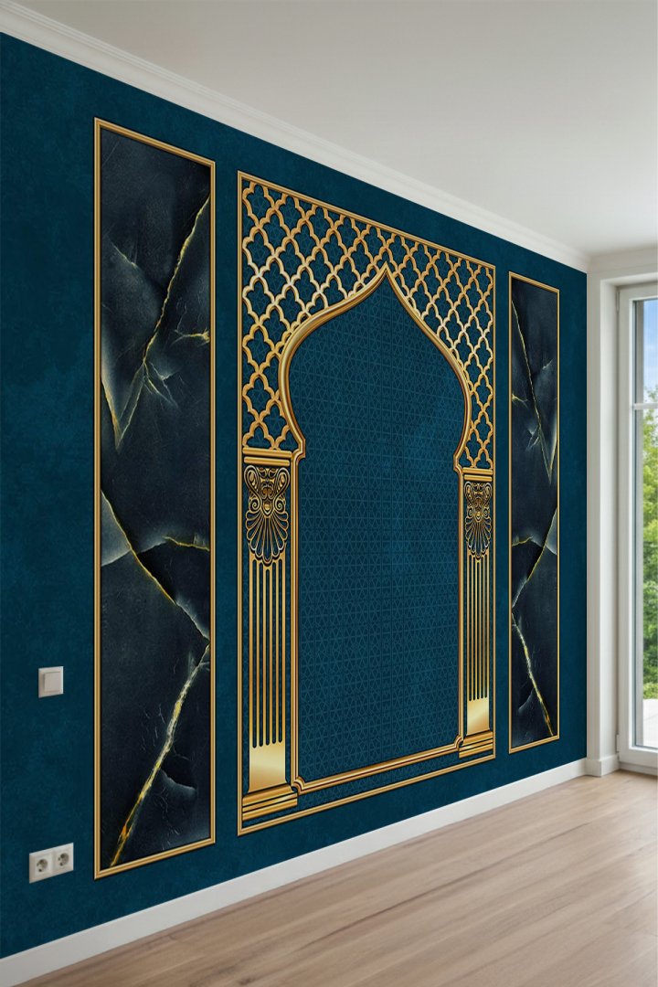 Kadife Görünümlü Mihrap ve Mermer Panel Desenli Tek Parça Tekstil Duvar Kağıdı