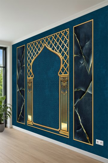 Kadife Görünümlü Mihrap ve Mermer Panel Desenli Tek Parça Tekstil Duvar Kağıdı küçük görsel 3