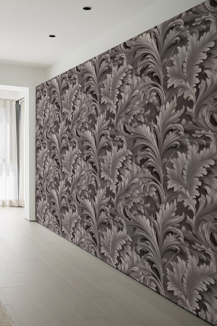 Kahve Tonlu Yaprak Desenli Modern Doğal Tasarım Tekstil Duvar Kağıdı