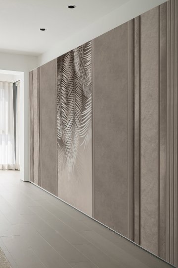 Kahverengi Panel Detaylı Tropikal Yapraklı Tek Parça Tekstil Duvar Kağıdı