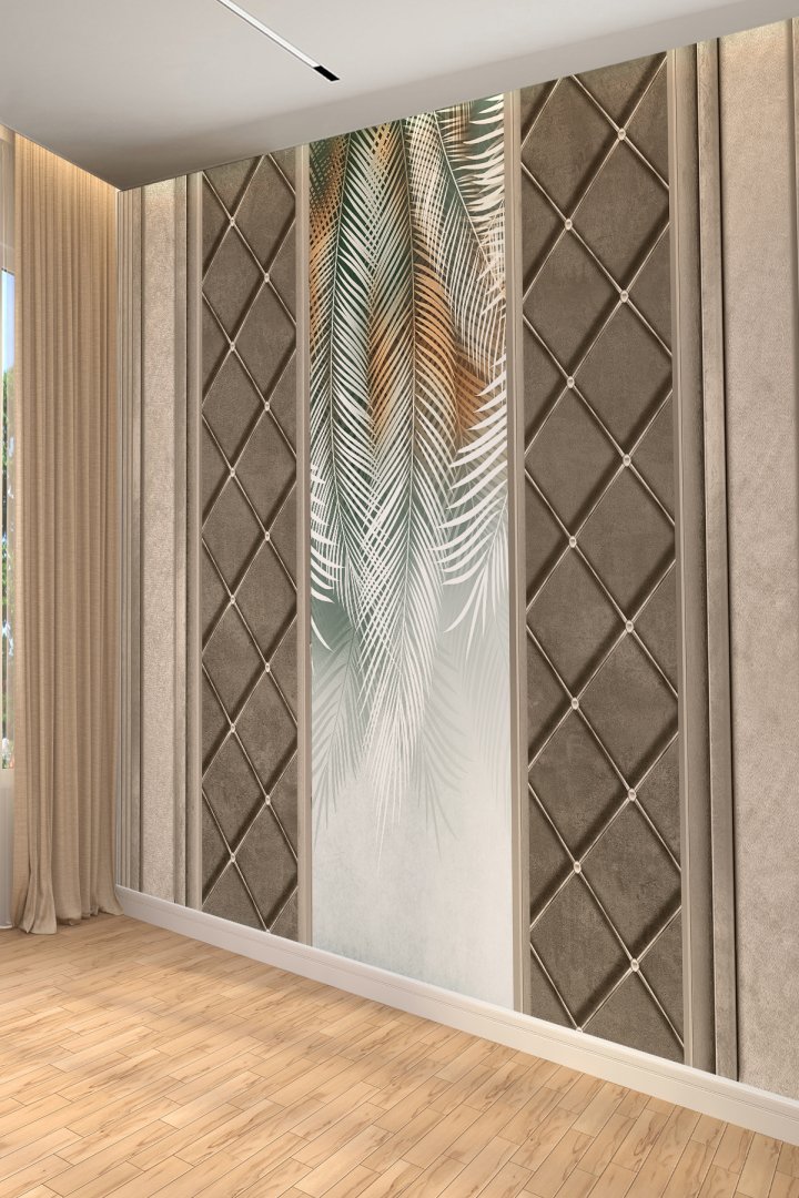 Kapitone Panel Detaylı Tropikal Yapraklı Tekstil Duvar Kağıdı
