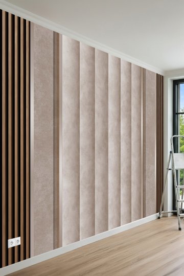  Kavisli Dikey Panel ve Modern Ahşap Çıta Desenli Tek Parça Tekstil Duvar Kağıdı 