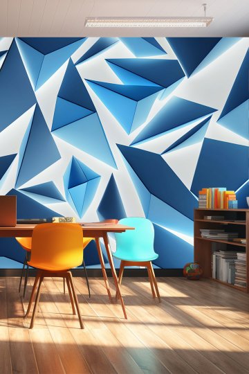 Keskin Geometrik Mavi Üçgenler ve Işık Desenli Tek Parça Tekstil Duvar Kağıdı küçük görsel 2