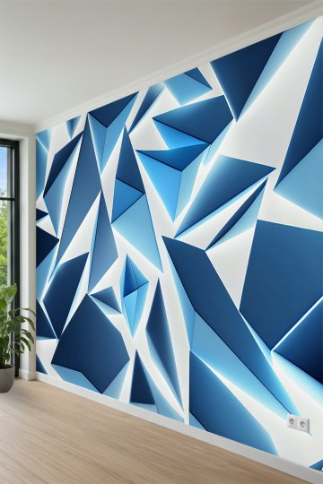 Keskin Geometrik Mavi Üçgenler ve Işık Desenli Tek Parça Tekstil Duvar Kağıdı küçük görsel 3