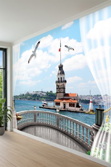 Kız Kulesi İstanbul Boğaz Manzaralı Tek Parça Tekstil Duvar Kağıdı