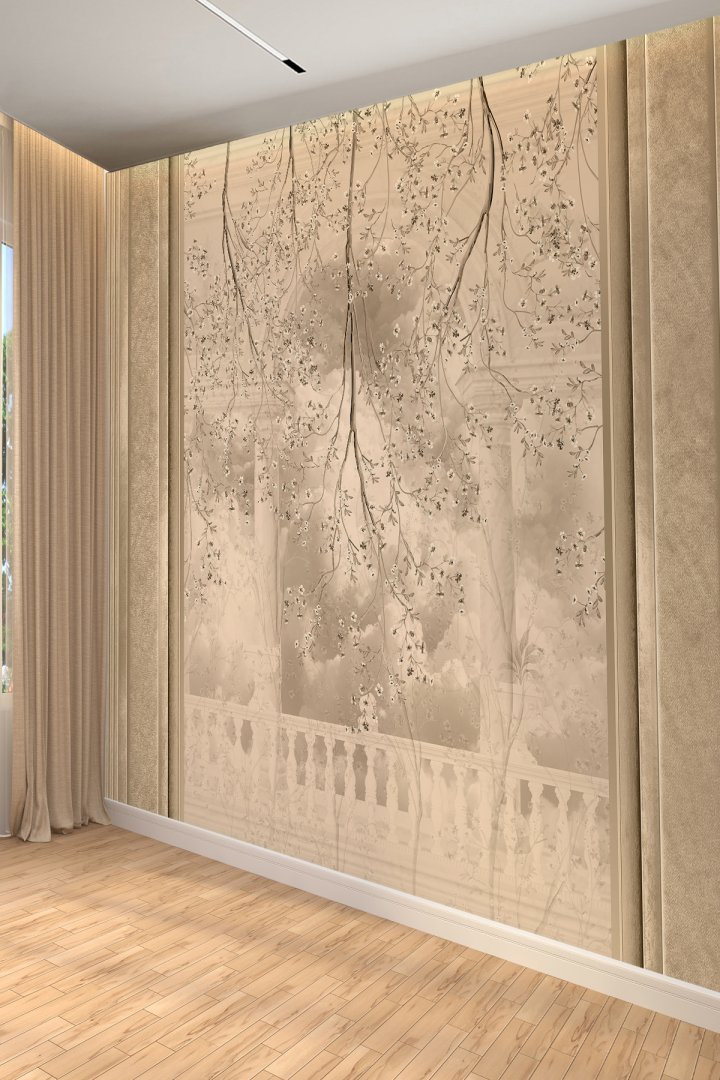 Klasik Balkon Manzaralı Çiçek Desenli Tekstil Duvar Kağıdı