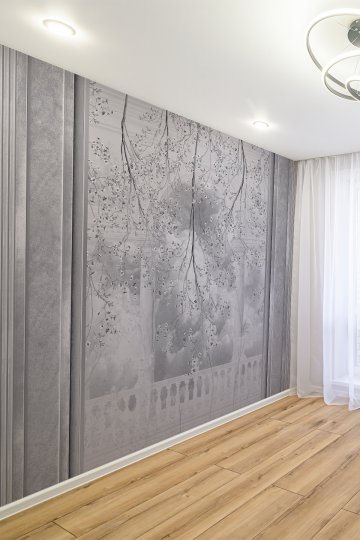 Klasik Balkon Manzaralı Gri Panel Desenli Tekstil Duvar Kağıdı