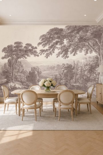 Klasik Gravür Tarzı Doğa, Orman ve Manzara Tek Parça Tekstil Duvar Kağıdı küçük görsel 2