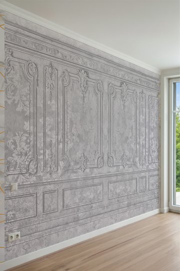 Klasik Gri Paneller ve Damask Desenli Tek Parça Tekstil Duvar Kağıdı küçük görsel 2