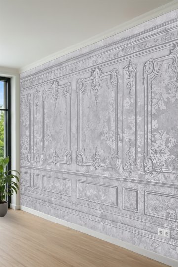 Klasik Gri Paneller ve Damask Desenli Tek Parça Tekstil Duvar Kağıdı küçük görsel 3