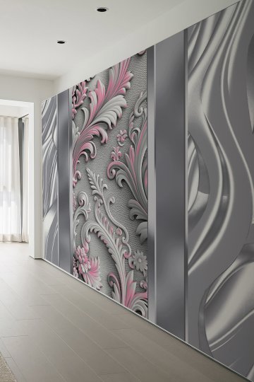 Klasik Kabartma Desenli 3D Çiçek Motifli Gri Pembe Tekstil Duvar Kağıdı