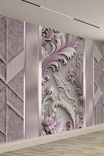 Klasik Kabartma Desenli 3D Çiçek Motifli Mor Tekstil Duvar Kağıdı