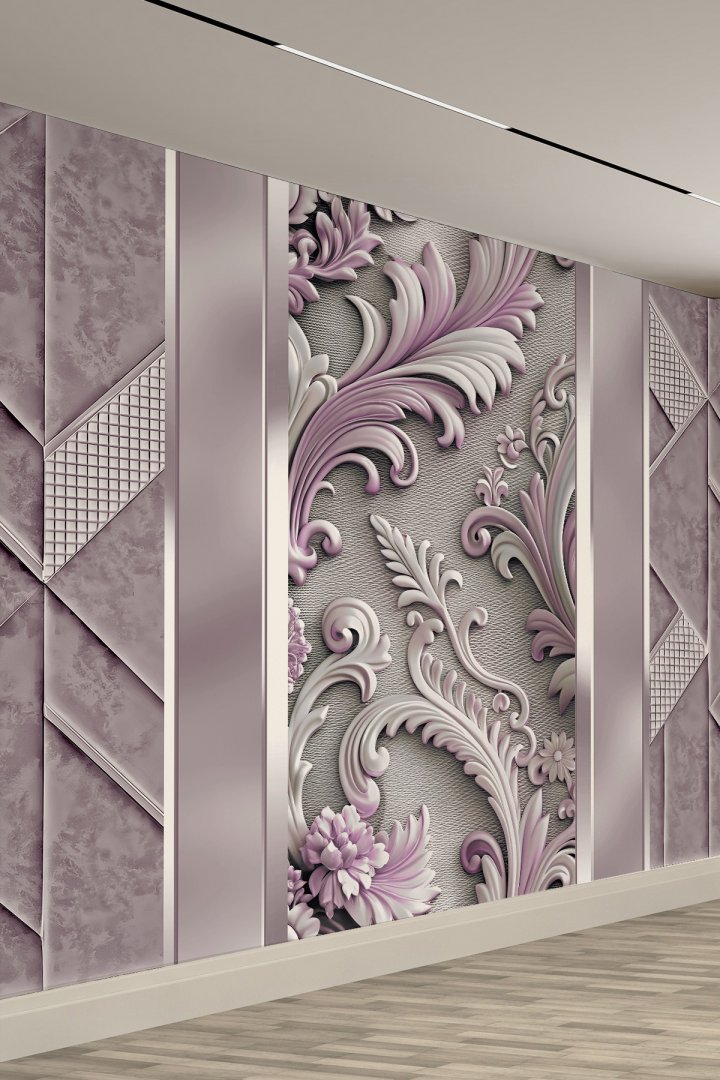 Klasik Kabartma Desenli 3D Çiçek Motifli Mor Tekstil Duvar Kağıdı