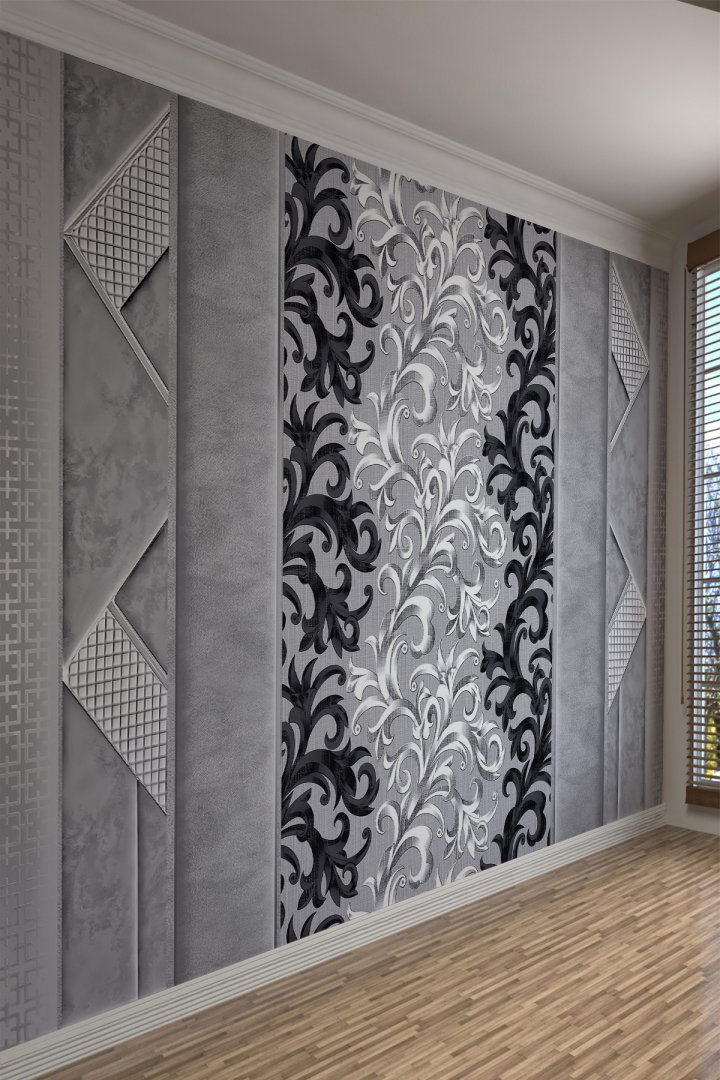 Klasik Kıvrımlı Dallar Antrasit Gri Desenli Tekstil Duvar Kağıdı