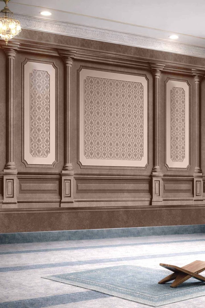 Klasik Mimari Panel Görünümlü Damask Desenli Tek Parça Tekstil Duvar Kağıdı