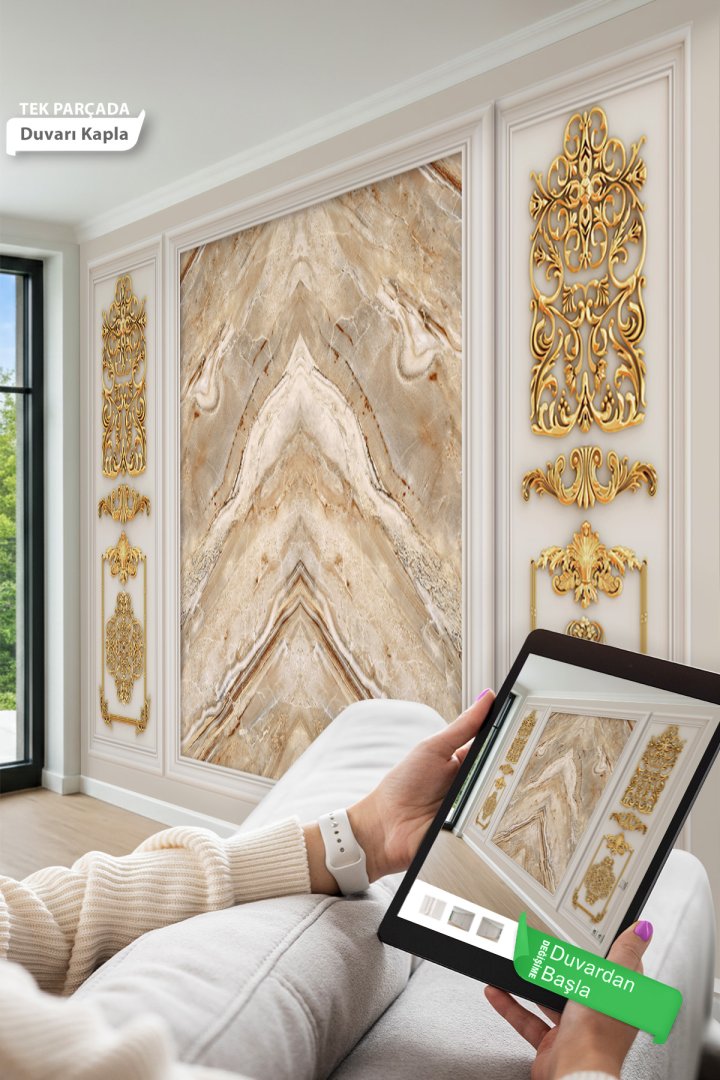Klasik Saray Stili Gold Paneller ve Doğal Mermer Desenli Tek Parça Tekstil Duvar Kağıdı 