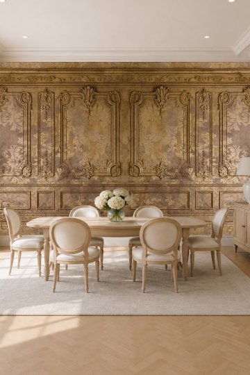 Klasik Varaklı Panel ve Damask Desenli Tek Parça Tekstil Duvar Kağıdı