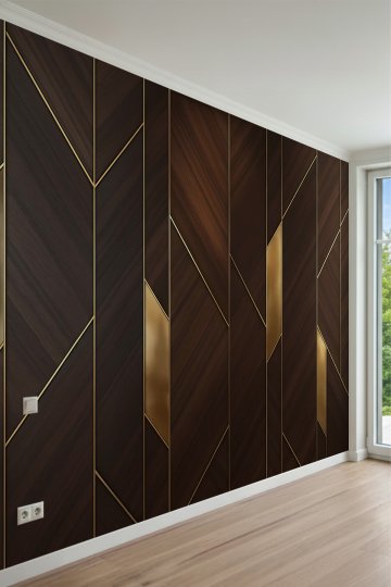 Koyu Ahşap ve Altın Yaldızlı Geometrik Çizgili Lüks Tek Parça Tekstil Duvar Kağıdı küçük görsel 2