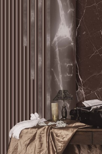 Koyu Kahve Mermer ve Dikey Çıta Panel Desenli Tek Parça Tekstil Duvar Kağıdı