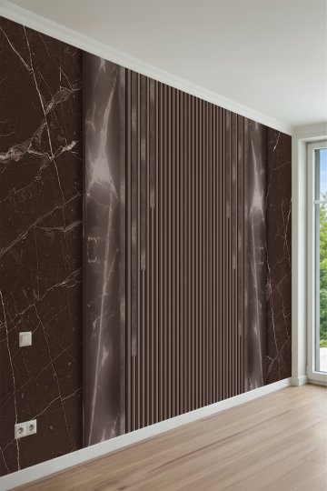 Koyu Kahve Mermer ve Dikey Çıta Panel Desenli Tek Parça Tekstil Duvar Kağıdı küçük görsel 2