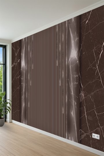 Koyu Kahve Mermer ve Dikey Çıta Panel Desenli Tek Parça Tekstil Duvar Kağıdı küçük görsel 3