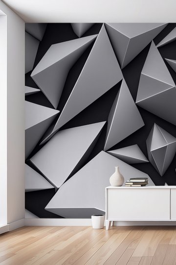 Koyu Zeminde Gri ve Beyaj Tonlu Keskin Geometrik Desenli Tek Parça Tekstil Duvar Kağıdı küçük görsel 1