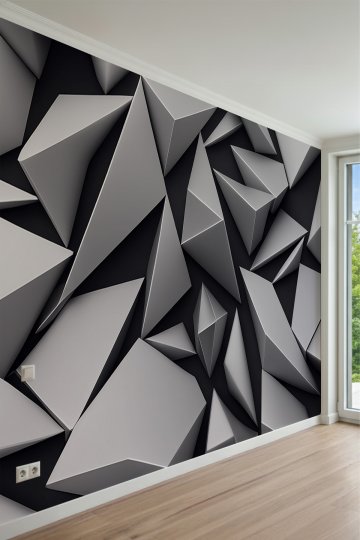 Koyu Zeminde Gri ve Beyaj Tonlu Keskin Geometrik Desenli Tek Parça Tekstil Duvar Kağıdı küçük görsel 2