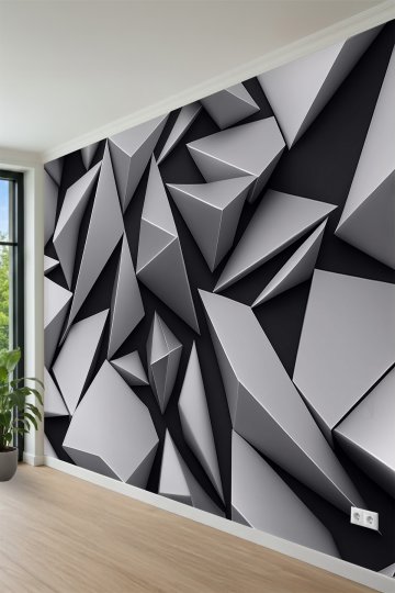 Koyu Zeminde Gri ve Beyaj Tonlu Keskin Geometrik Desenli Tek Parça Tekstil Duvar Kağıdı küçük görsel 3