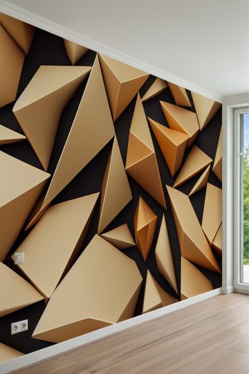  Koyu Zeminde Şampanya Tonlu Keskin Geometrik Üçgen Panel Desenli Tek Parça Tekstil Duvar Kağıdı küçük görsel 1