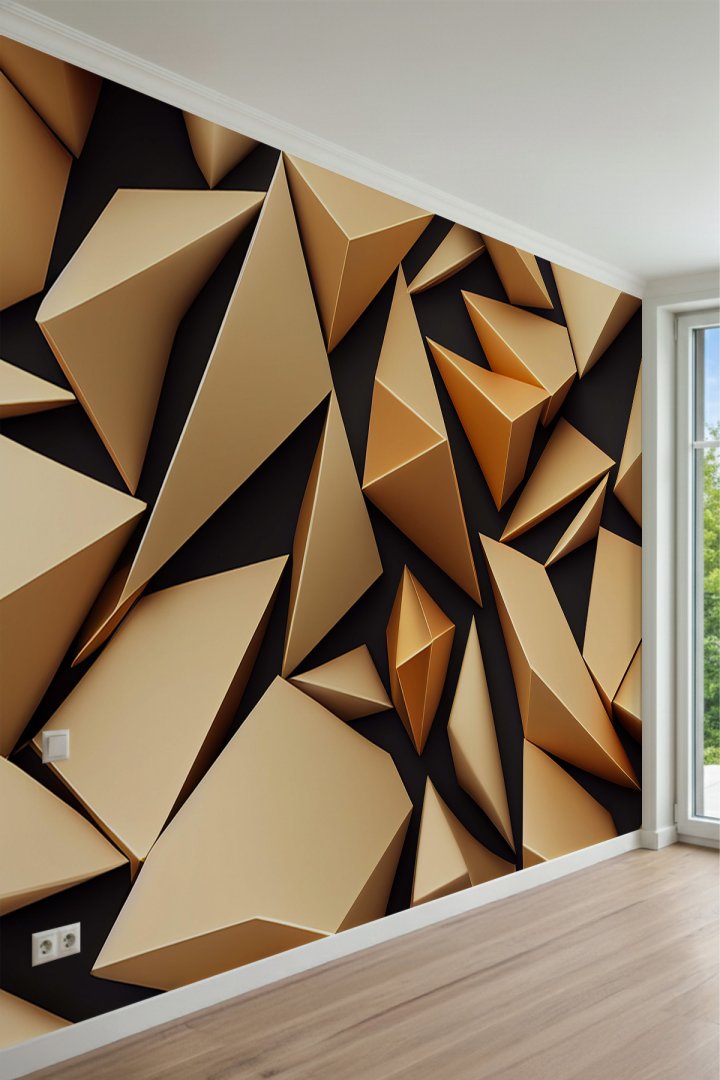  Koyu Zeminde Şampanya Tonlu Keskin Geometrik Üçgen Panel Desenli Tek Parça Tekstil Duvar Kağıdı