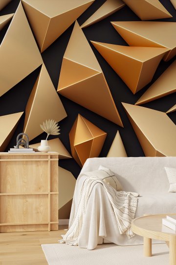  Koyu Zeminde Şampanya Tonlu Keskin Geometrik Üçgen Panel Desenli Tek Parça Tekstil Duvar Kağıdı küçük görsel 2
