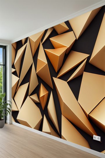  Koyu Zeminde Şampanya Tonlu Keskin Geometrik Üçgen Panel Desenli Tek Parça Tekstil Duvar Kağıdı küçük görsel 3