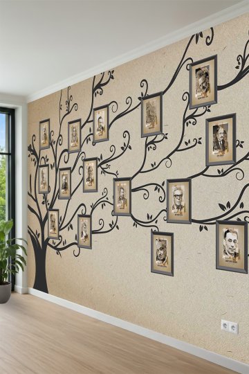 Kraft Arka Plan Üzerinde Silüetli Ağaç, Çerçeveli Portreler ve Yaprak Motifli Tek Parça Tekstil Duvar Kağıdı küçük görsel 3
