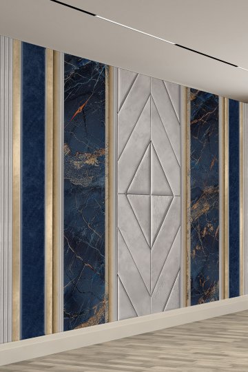 Lacivert Mermer & Gri Panel Desenli Tekstil Duvar Kağıdı