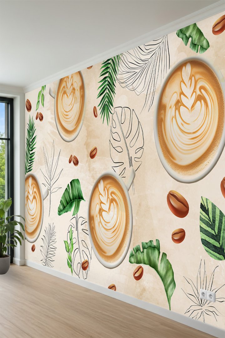  Latte Art Coffee Shop Kahve Çekirdekli Tek Parça Tekstil Duvar Kağıdı