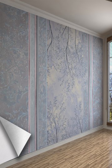 Lila Mavi Çiçek Dalları ve Klasik Panel Desenli Tekstil Duvar Kağıdı