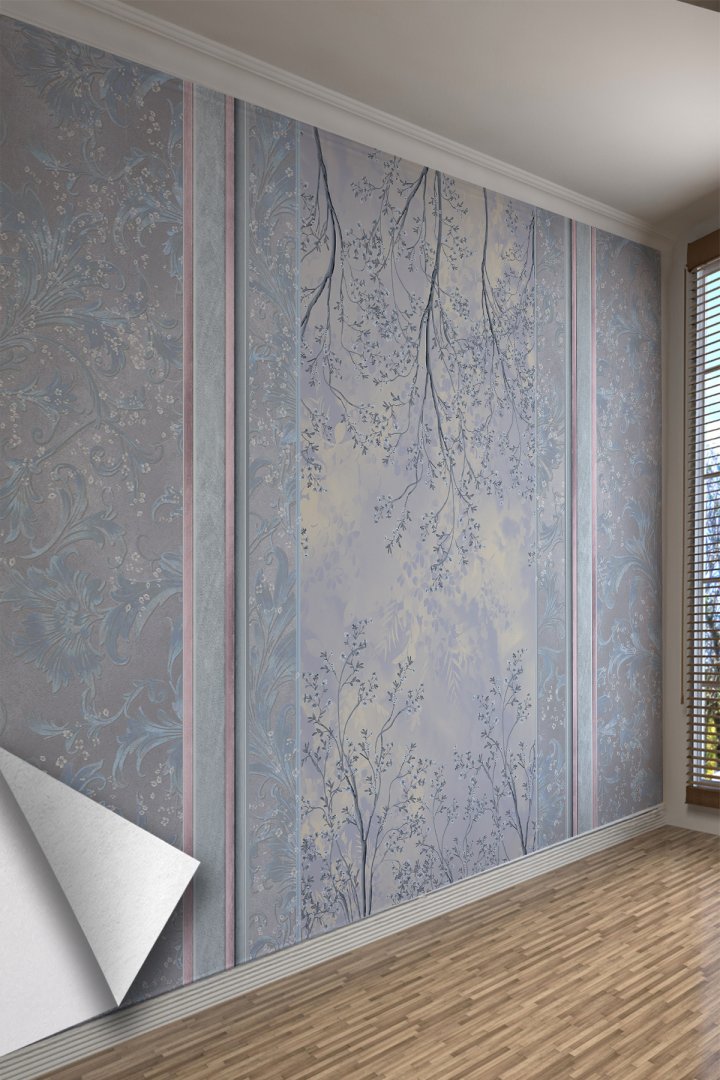 Lila Mavi Çiçek Dalları ve Klasik Panel Desenli Tekstil Duvar Kağıdı