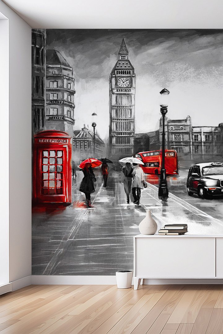 Londra Sokak Manzarası ve Big Ben Temalı Tek Parça Tekstil Duvar Kağıdı
