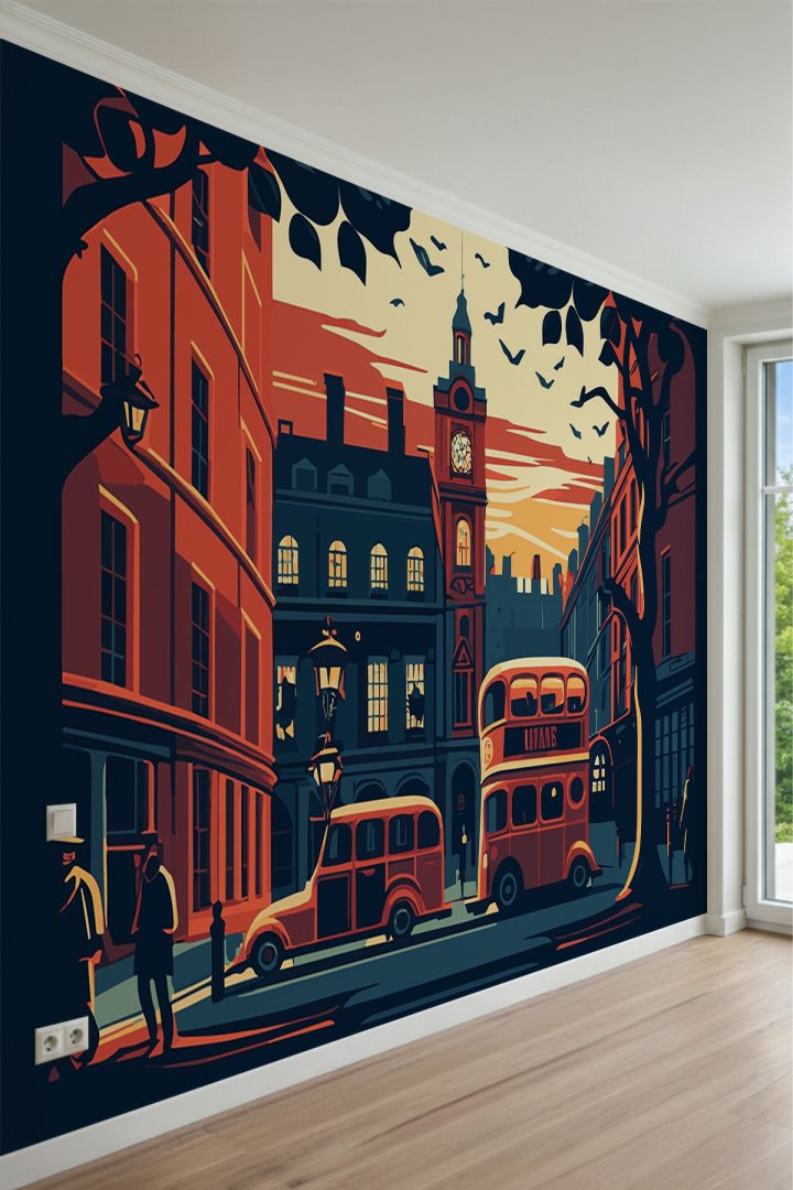Londra Sokakları, İki Katlı Otobü ve Saat Kulesi İllüstrasyon Temalı Tek Parça Tekstil Duvar Kağıdı