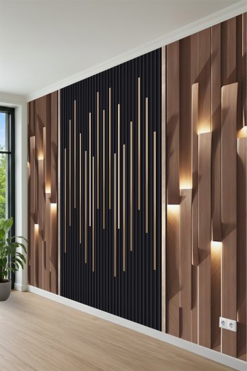 Lüks Ahşap Çıta ve İnce Kanallı Panel Tasarımlı Tek Parça Tekstil Duvar Kağıdı 