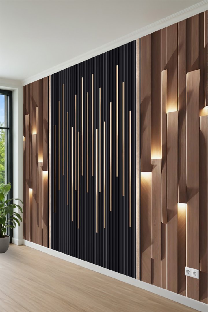 Lüks Ahşap Çıta ve İnce Kanallı Panel Tasarımlı Tek Parça Tekstil Duvar Kağıdı 
